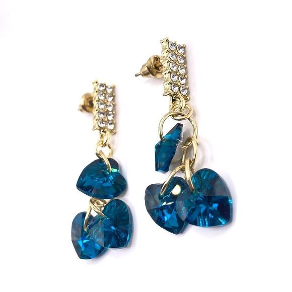 Gold Rhinestone Inlaid Heart Sterling Silver Post Drop Earrings - Picture 1 of 4